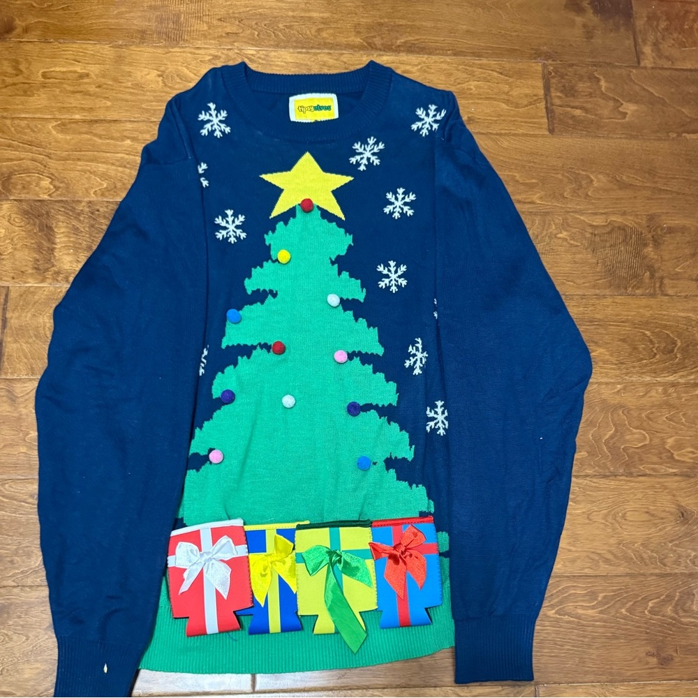 Like New Size 3XL Tipsy Elves Blue Christmas Beer holder Tree Sweater